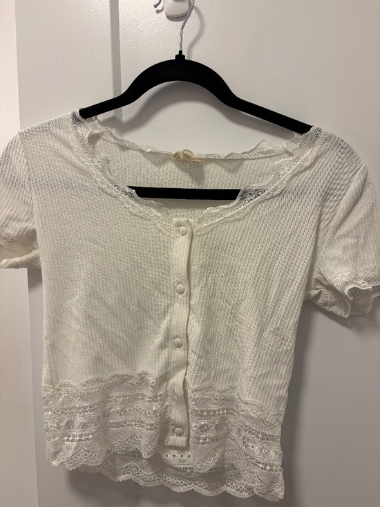 Caution To The Wind Tops - Caution to the Wind White Lace Trimmed Button-Up Top